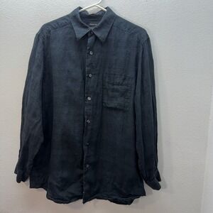Claiborne Mens 100% Linen Button Down Shirt Sz L Black Resort Wear Lightweight